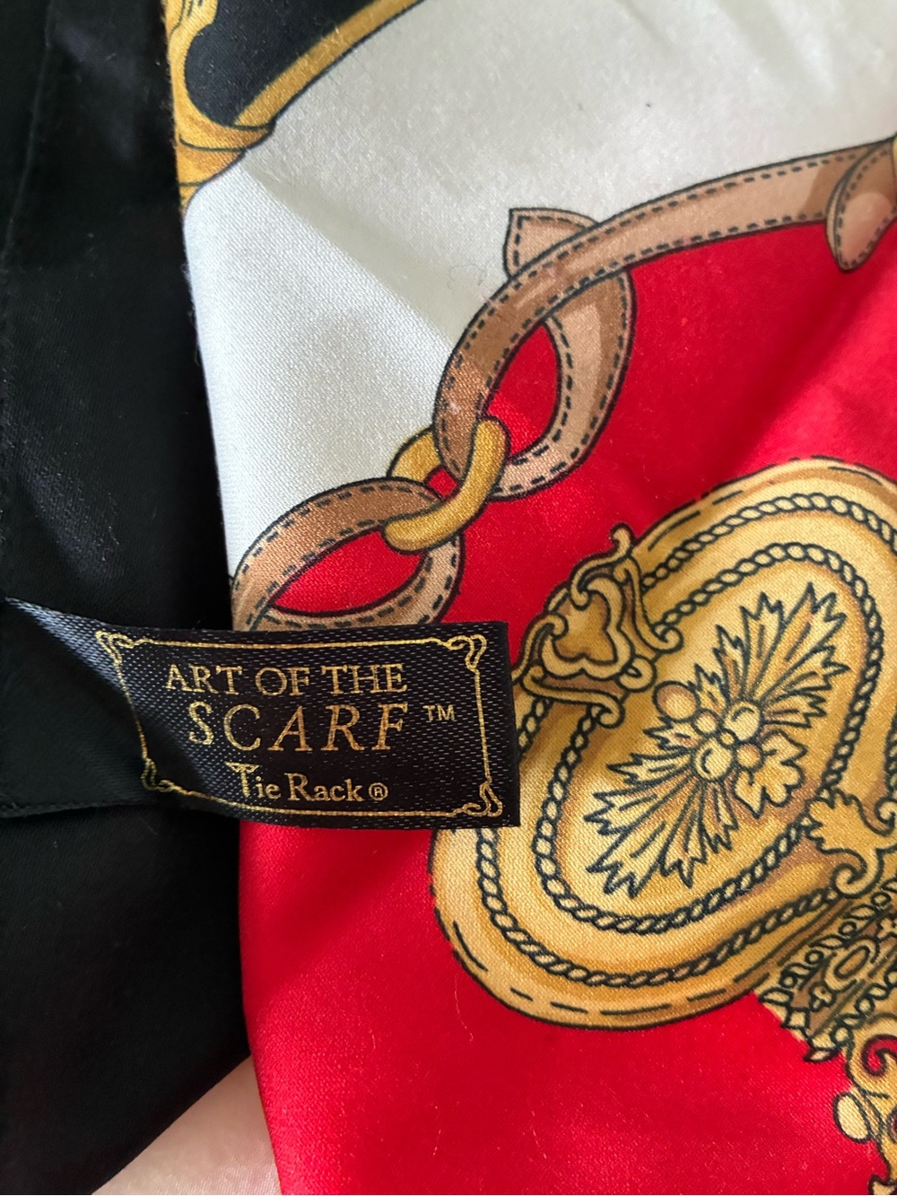 Art of the Scarf Tie Rack Black Red & Gold Scarf 33”x 35.5" Made In Italy